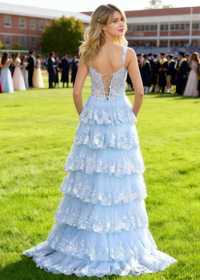 Lydia | A - Line Off the Shoulder Lace Corset A Pink Prom Dress Long with Tiered Ruffles - Light Blue - PromDressClub