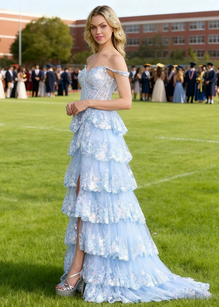 Lydia | A - Line Off the Shoulder Lace Corset A Pink Prom Dress Long with Tiered Ruffles - Light Blue - PromDressClub