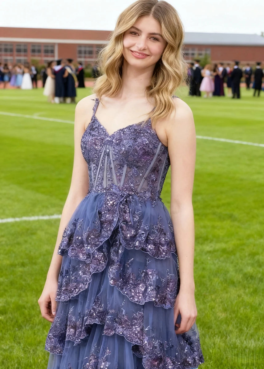 Lydia | A - Line Off the Shoulder Lace Corset A Pink Prom Dress Long with Tiered Ruffles - Navy Blue - PromDressClub