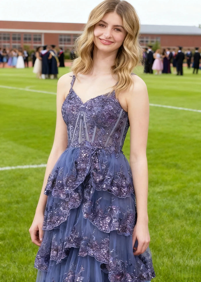 Lydia | A - Line Off the Shoulder Lace Corset A Pink Prom Dress Long with Tiered Ruffles - Navy Blue - PromDressClub