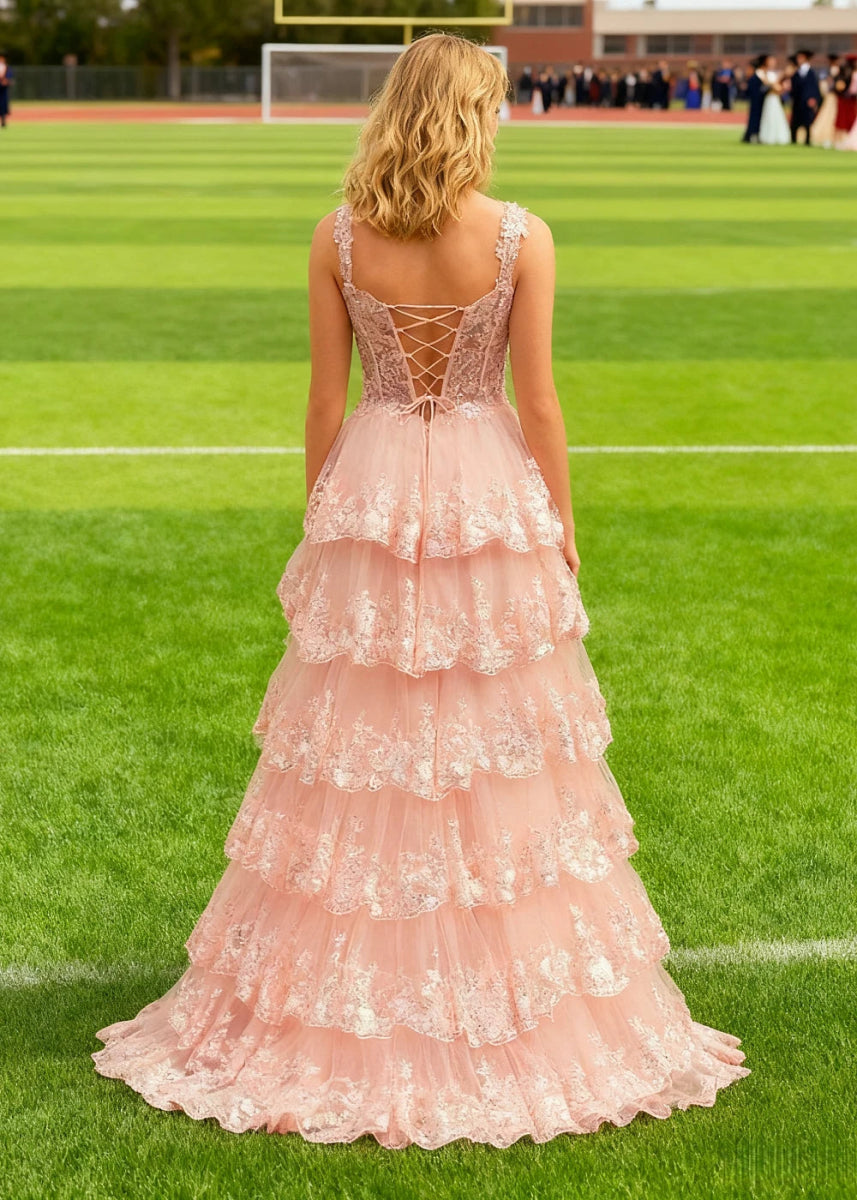 Lydia | A - Line Off the Shoulder Lace Corset A Pink Prom Dress Long with Tiered Ruffles - Pink - PromDressClub