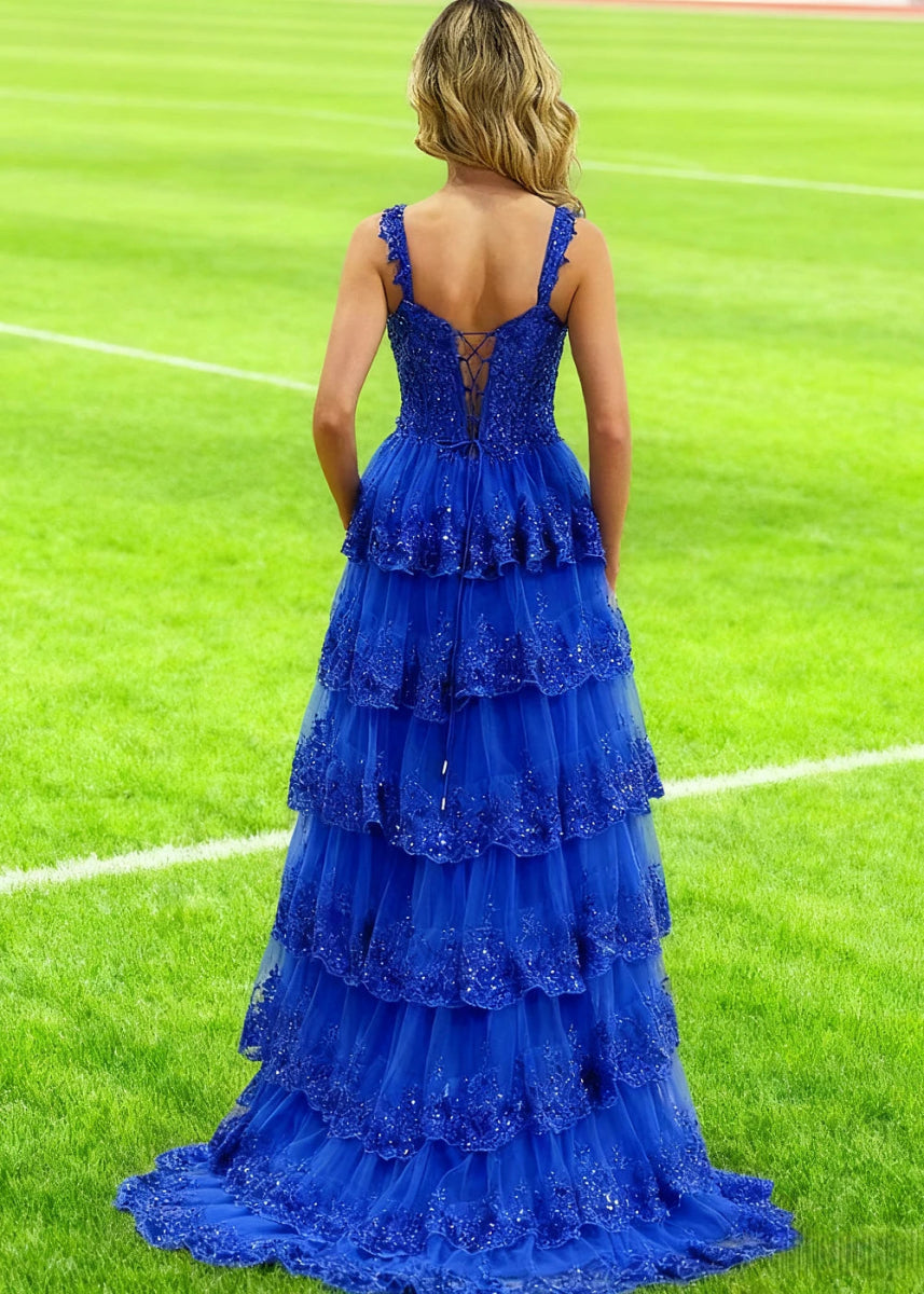 Lydia | A - Line Off the Shoulder Lace Corset A Pink Prom Dress Long with Tiered Ruffles - Royal Blue - PromDressClub