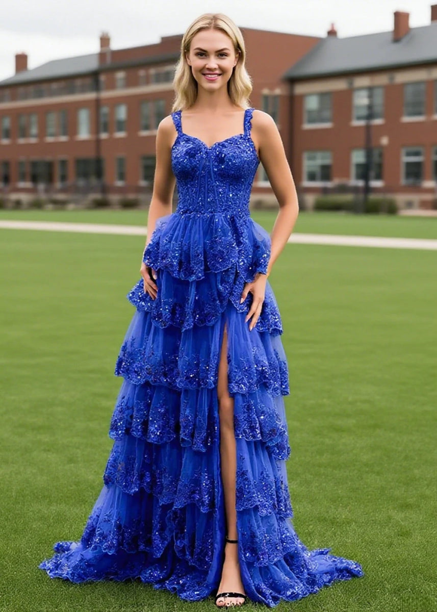 Lydia | A - Line Off the Shoulder Lace Corset A Pink Prom Dress Long with Tiered Ruffles - Royal Blue - PromDressClub