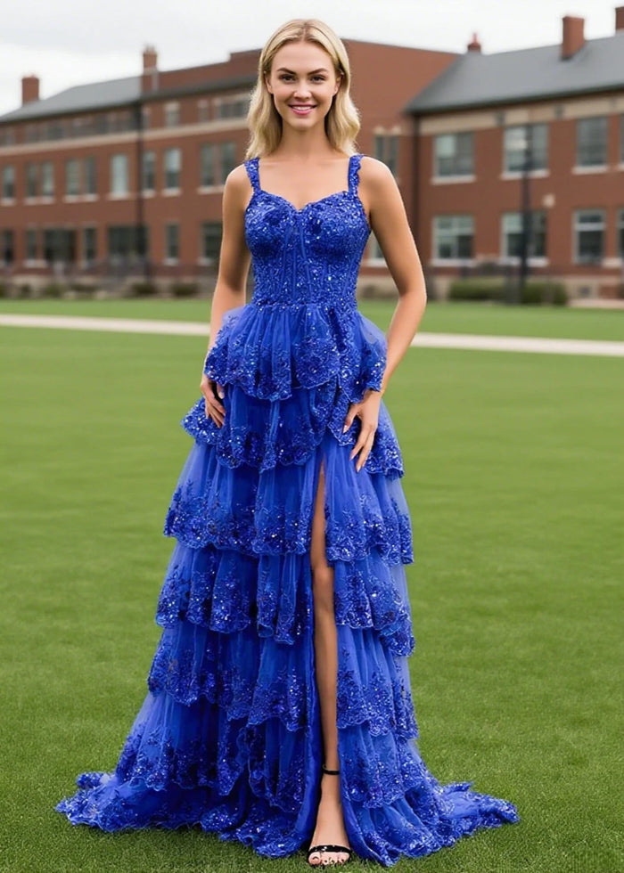 Lydia | A - Line Off the Shoulder Lace Corset A Pink Prom Dress Long with Tiered Ruffles - Royal Blue - PromDressClub