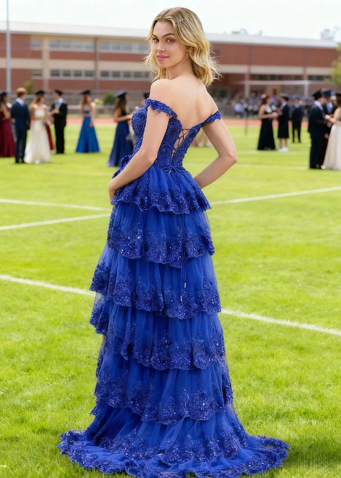 Lydia | A - Line Off the Shoulder Lace Corset A Pink Prom Dress Long with Tiered Ruffles - Royal Blue - PromDressClub