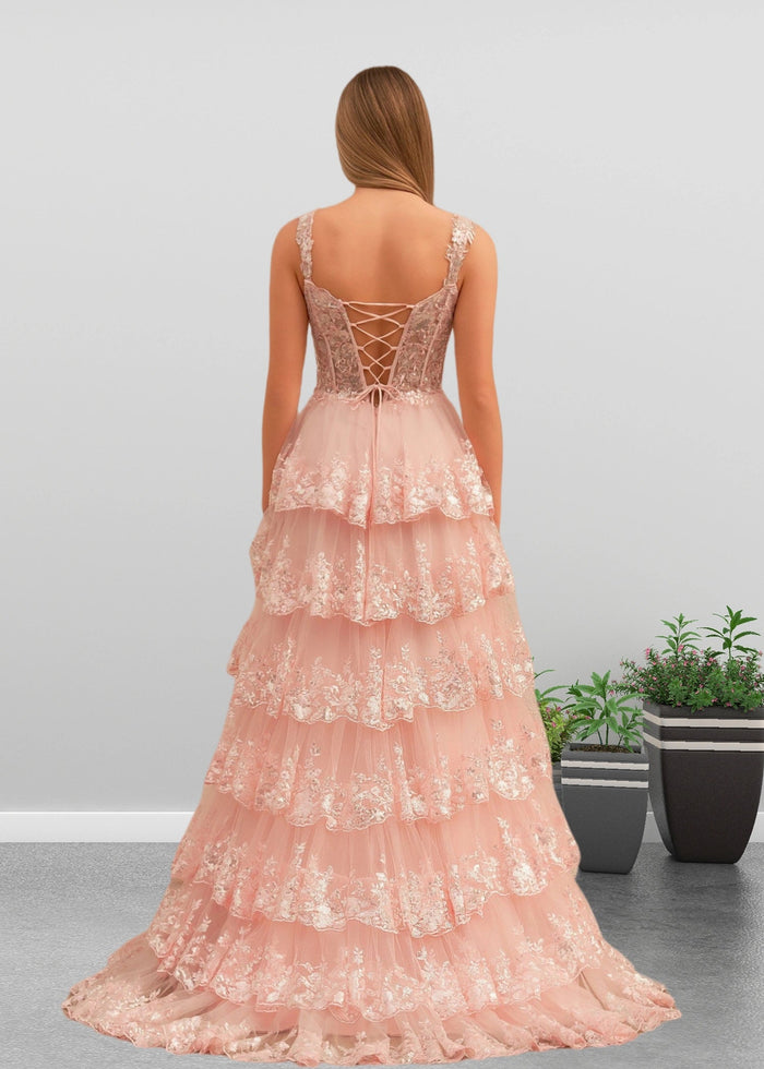 Lydia | A Pink Prom Dress Long A Line Princess Off the Shoulder Lace Ruffles With Corset - Pink - PromDressClub