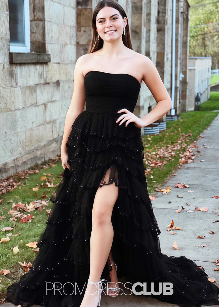 Mabel | A Line Sparkly Tiered Ruffles Light Blue Long Prom Dress - Price #price_variant_lowest# - Black - PromDressClub