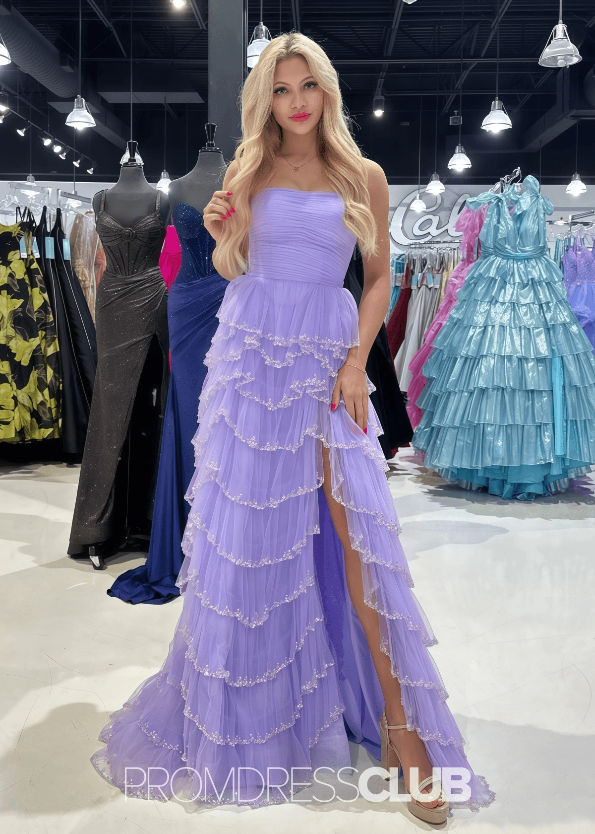 Mabel | A Line Sparkly Tiered Ruffles Light Blue Long Prom Dress - Price #price_variant_lowest# - Lavender - PromDressClub