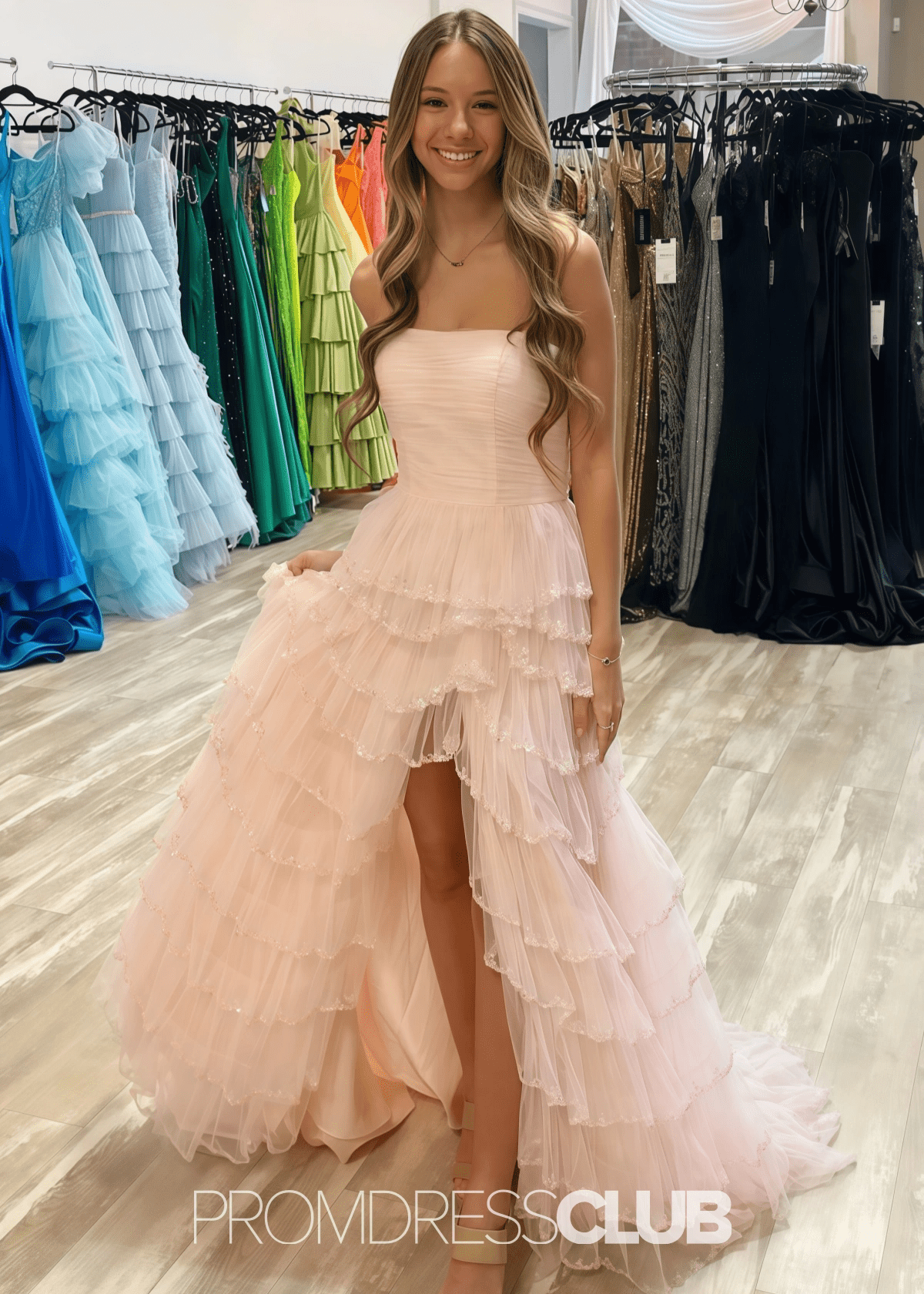 Mabel | A Line Sparkly Tiered Ruffles Light Blue Long Prom Dress - Price #price_variant_lowest# - Light Pink - PromDressClub