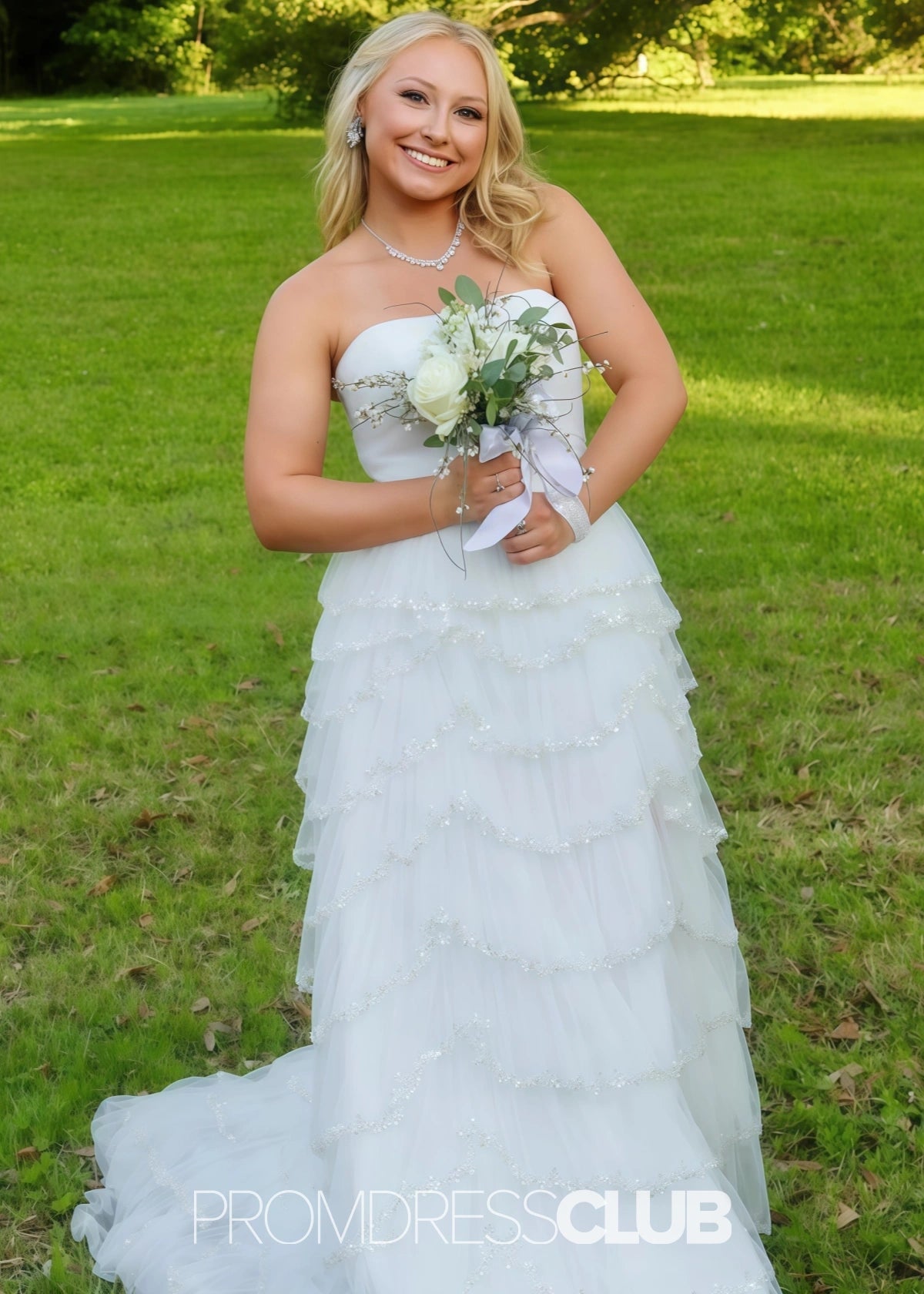 Mabel | A Line Sparkly Tiered Ruffles Light Blue Long Prom Dress - Price #price_variant_lowest# - White - PromDressClub