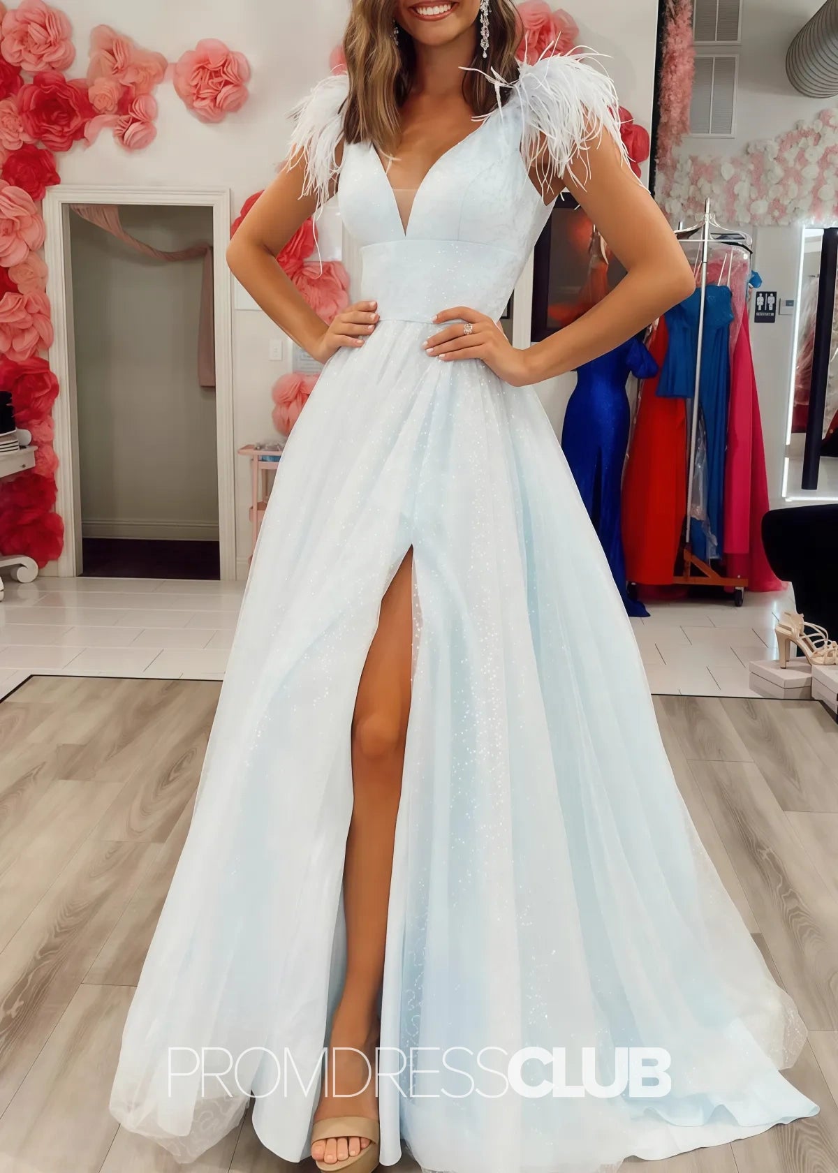 Mabel |Long Black Prom Dresses Near Me With A Line V Neck Sequined Tulle Slit - Price #price_variant_lowest# - Sky Blue - PromDressClub