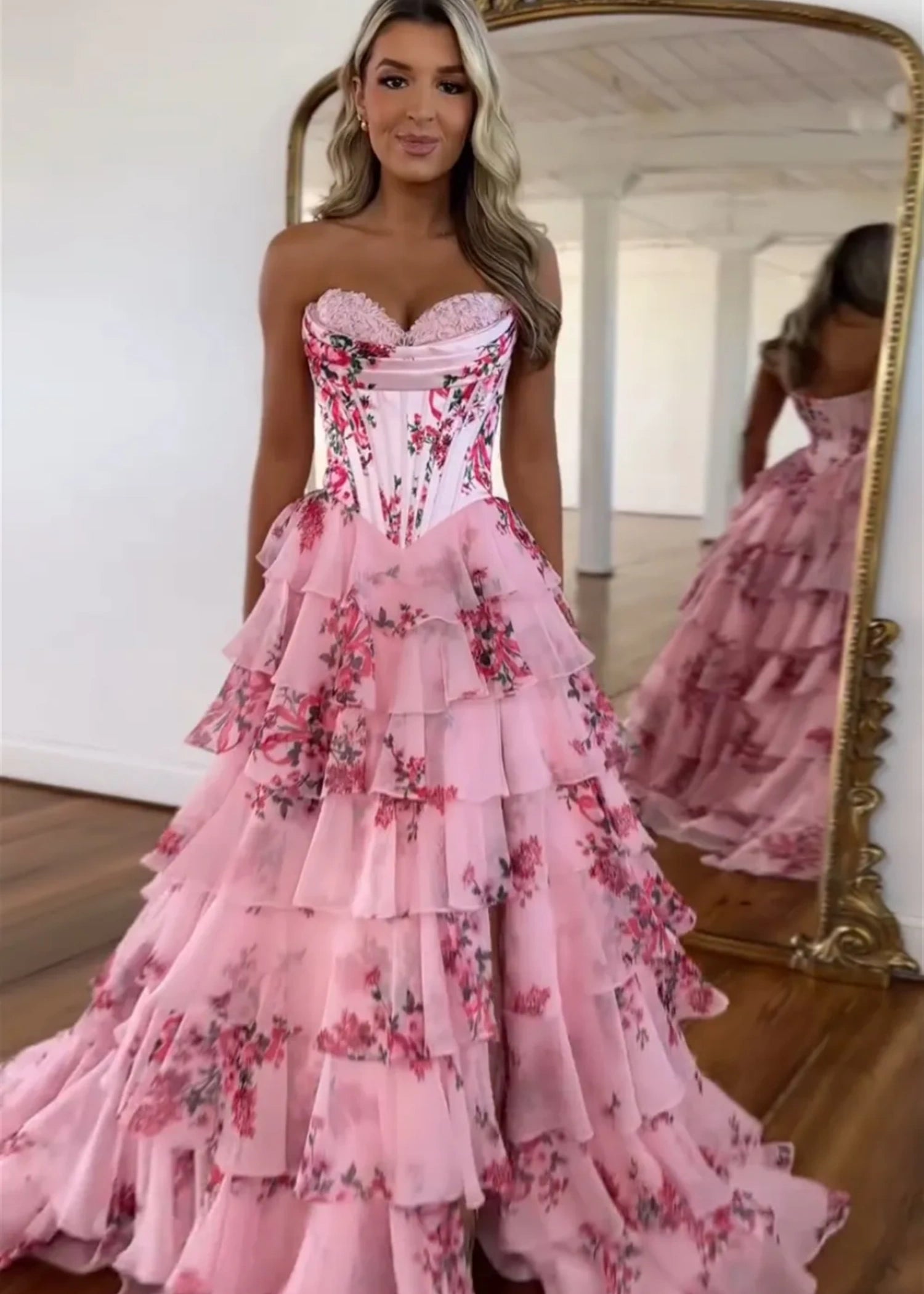 Mabel|A - Line Sweetheart Chiffon Floral Ruffled Corset Long Blush Prom Dress with Slit - Blush Floral - PromDressClub