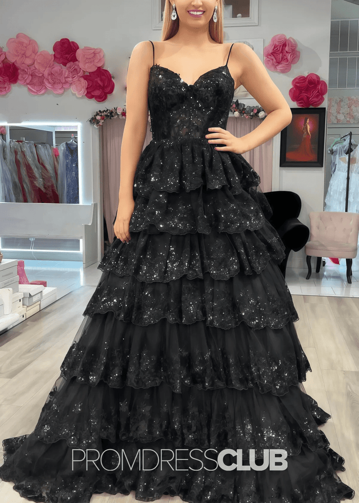 Madeline |Black Long Prom Dresses Near Me With A Line Spaghetti Straps Tiered Lace - Price #price_variant_lowest# - Black - PromDressClub