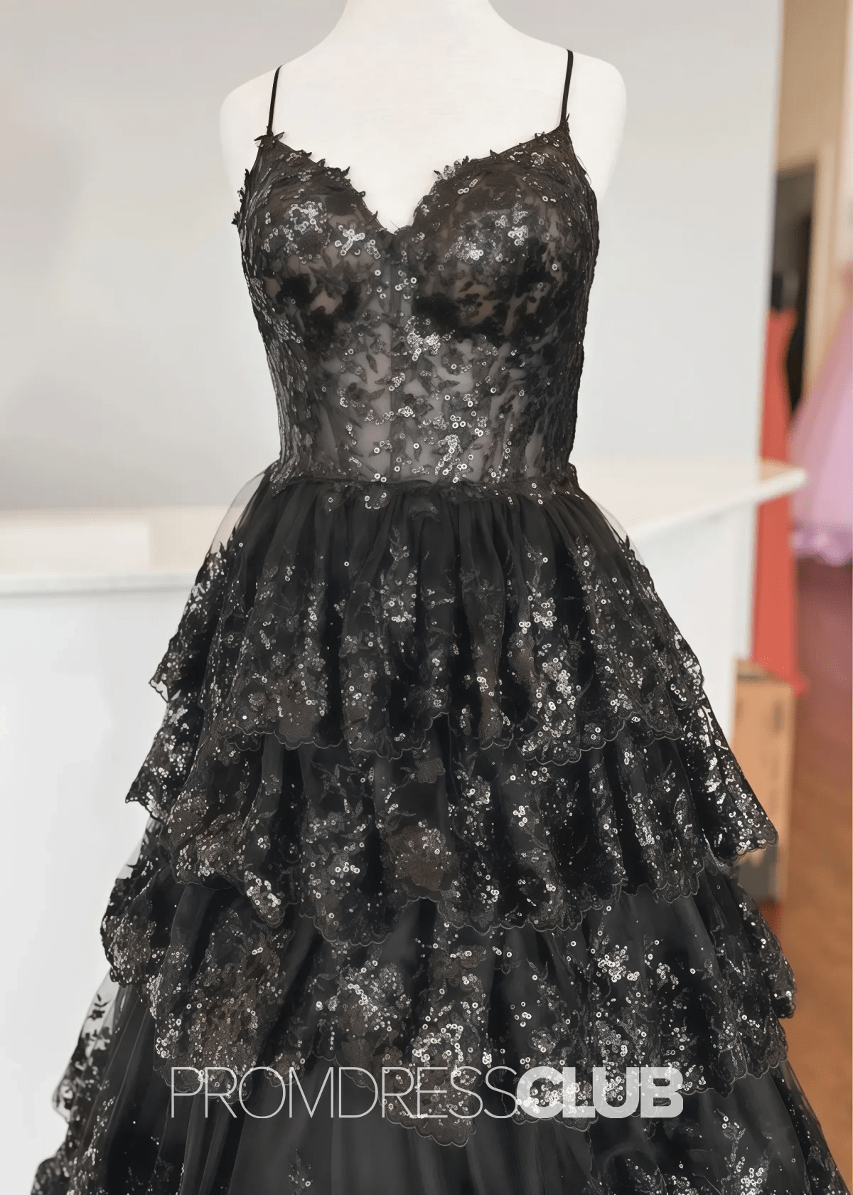 Madeline |Black Long Prom Dresses Near Me With A Line Spaghetti Straps Tiered Lace - Price #price_variant_lowest# - Black - PromDressClub