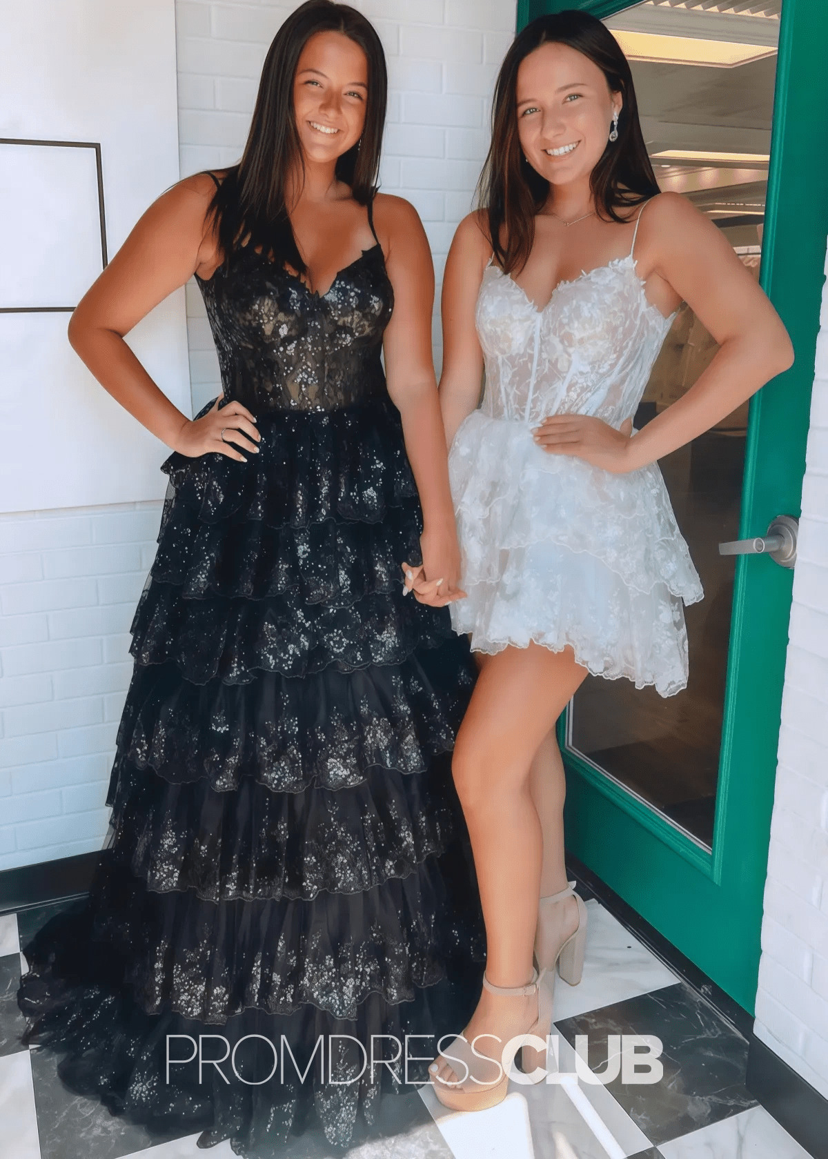 Madeline |Black Long Prom Dresses Near Me With A Line Spaghetti Straps Tiered Lace - Price #price_variant_lowest# - Black - PromDressClub