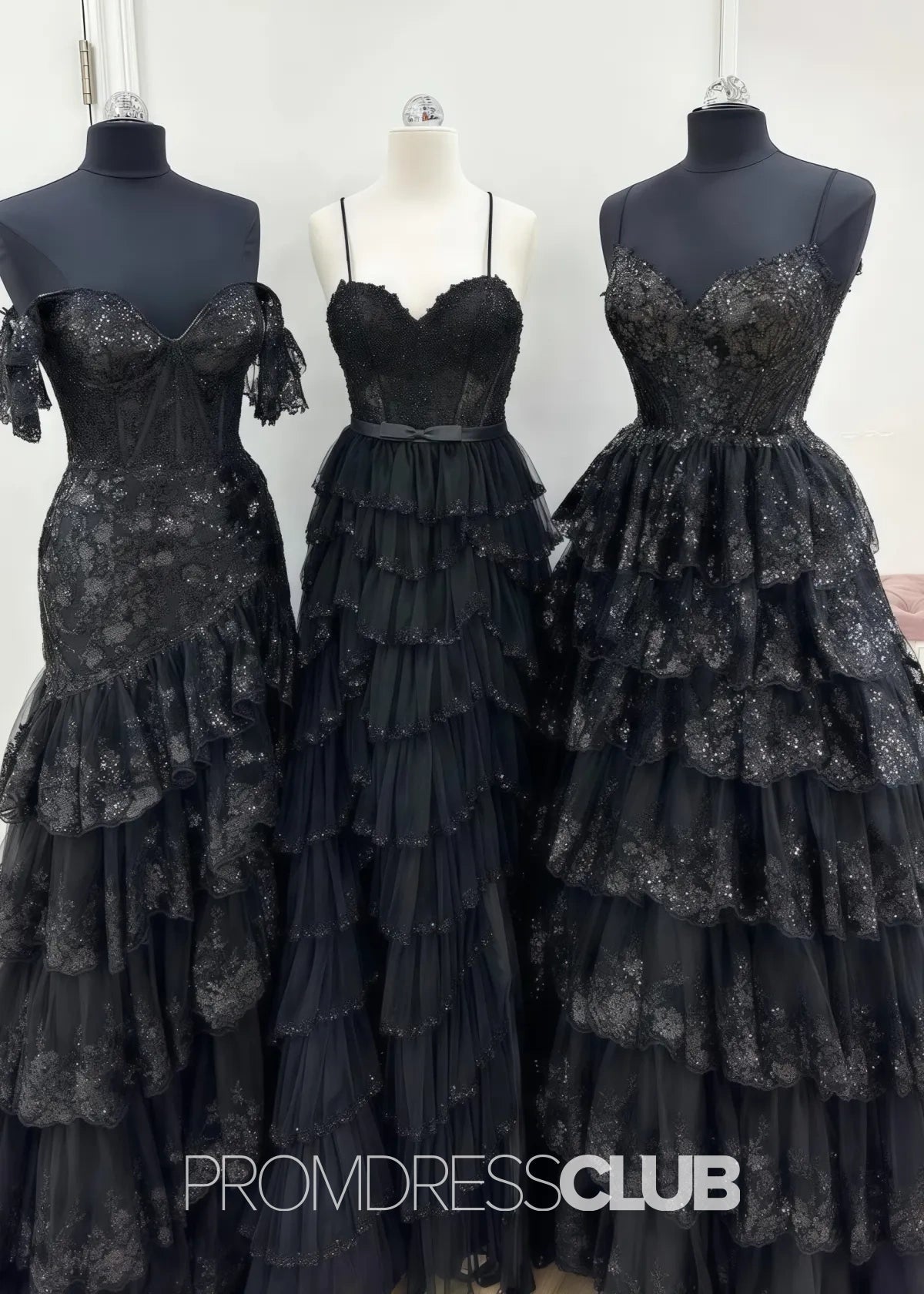 Madeline |Black Long Prom Dresses Near Me With A Line Spaghetti Straps Tiered Lace - Price #price_variant_lowest# - Black - PromDressClub