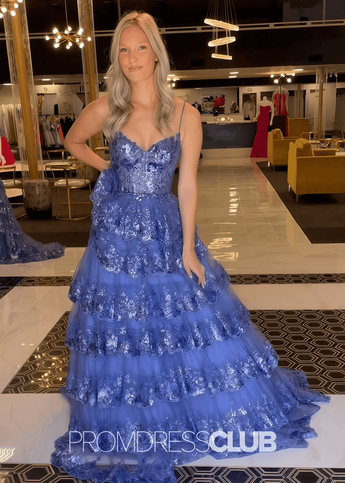 Madeline |Black Long Prom Dresses Near Me With A Line Spaghetti Straps Tiered Lace - Price #price_variant_lowest# - Navy Blue - PromDressClub