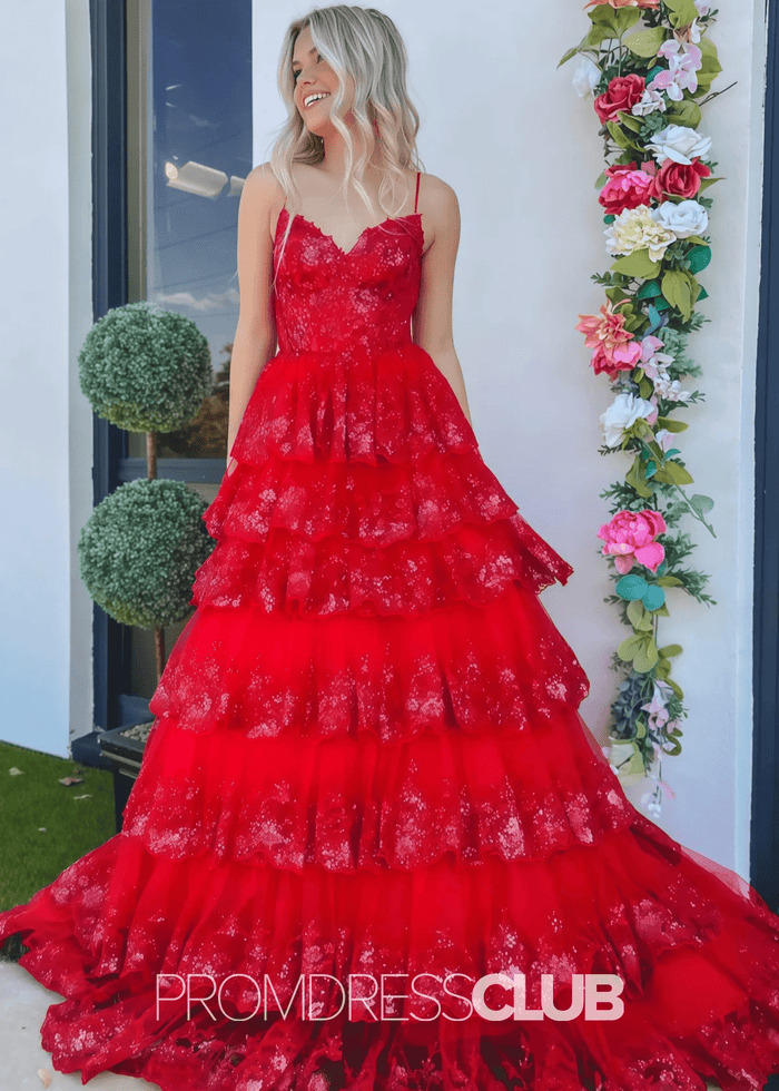 Madeline |Black Long Prom Dresses Near Me With A Line Spaghetti Straps Tiered Lace - Price #price_variant_lowest# - Red - PromDressClub