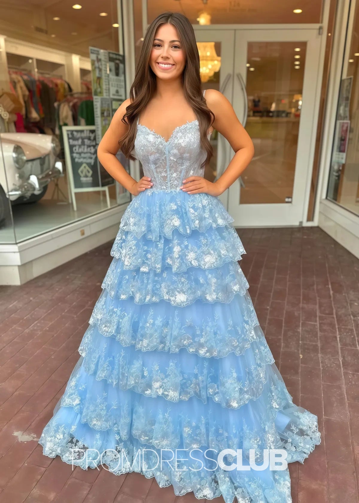 Madeline |Black Long Prom Dresses Near Me With A Line Spaghetti Straps Tiered Lace - Price #price_variant_lowest# - Sky Blue - PromDressClub