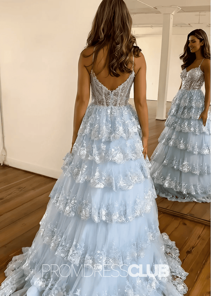 Madeline |Black Long Prom Dresses Near Me With A Line Spaghetti Straps Tiered Lace - Price #price_variant_lowest# - Sky Blue - PromDressClub