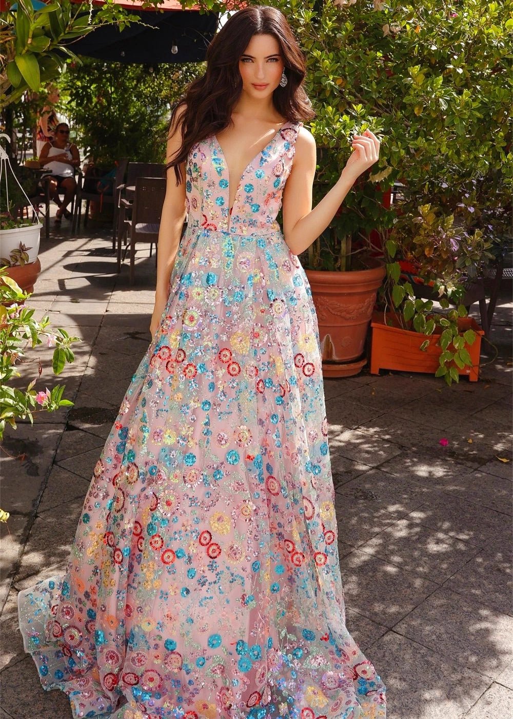 Madeline | Charming Flower A Line Backless Pink Prom Dress - Pink Floral - PromDressClub