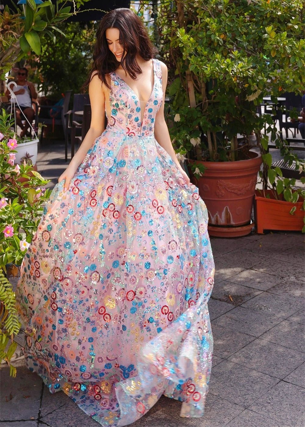 Madeline | Charming Flower A Line Backless Pink Prom Dress - Pink Floral - PromDressClub