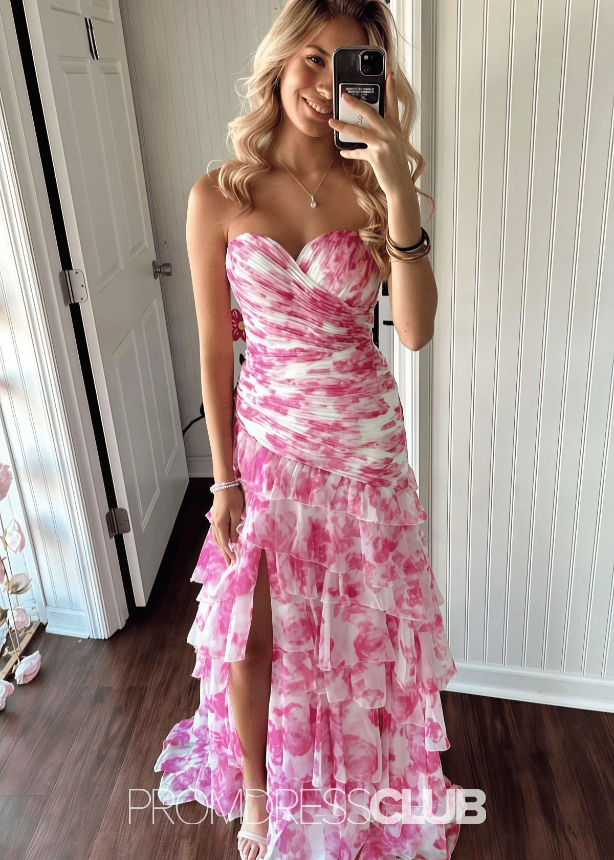 Madeline | White and Pink Floral Mermaid Tiered Prom Dress Long - Price #price_variant_lowest# - Pink Floral - PromDressClub