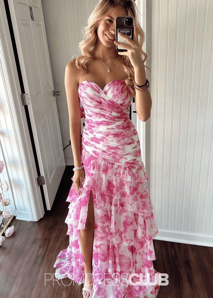 Madeline | White and Pink Floral Mermaid Tiered Prom Dress Long - Price #price_variant_lowest# - Pink Floral - PromDressClub