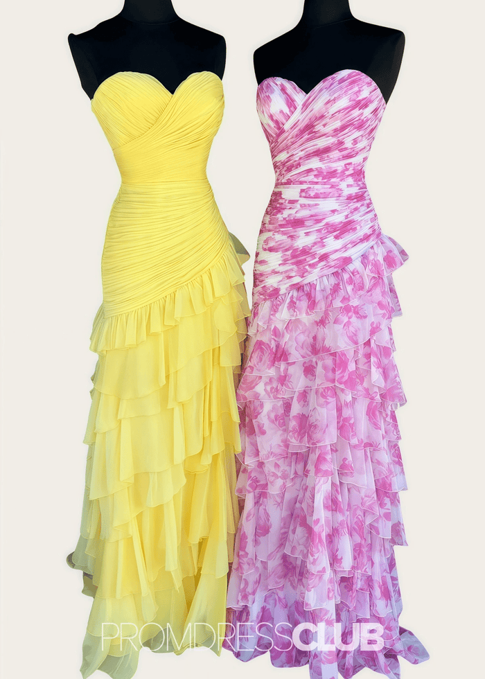 Madeline | White and Pink Floral Mermaid Tiered Prom Dress Long - Price #price_variant_lowest# - Yellow Floral - PromDressClub