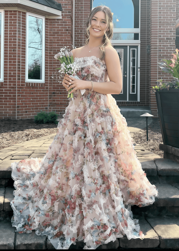 Madge | A Line Ivory Floral Print Ruffle Long Dress | PromDressClub