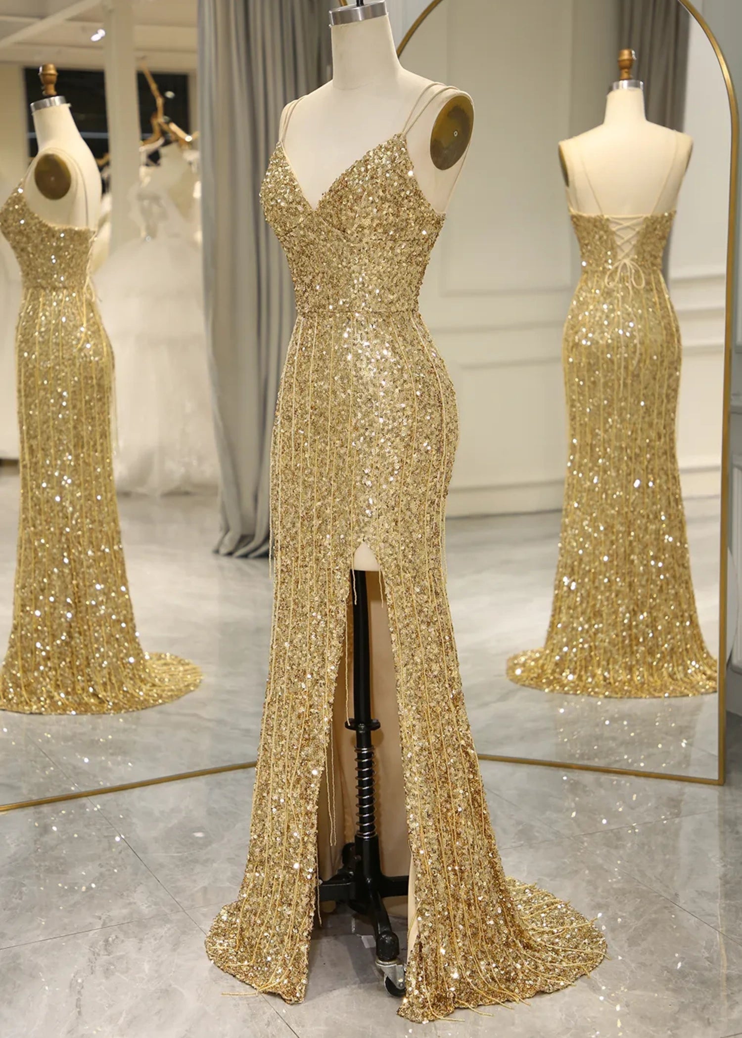 Madge | Mermaid Spaghetti Straps Bling Golden Sequins Long Prom Dress with Split Front - Gold - PromDressClub