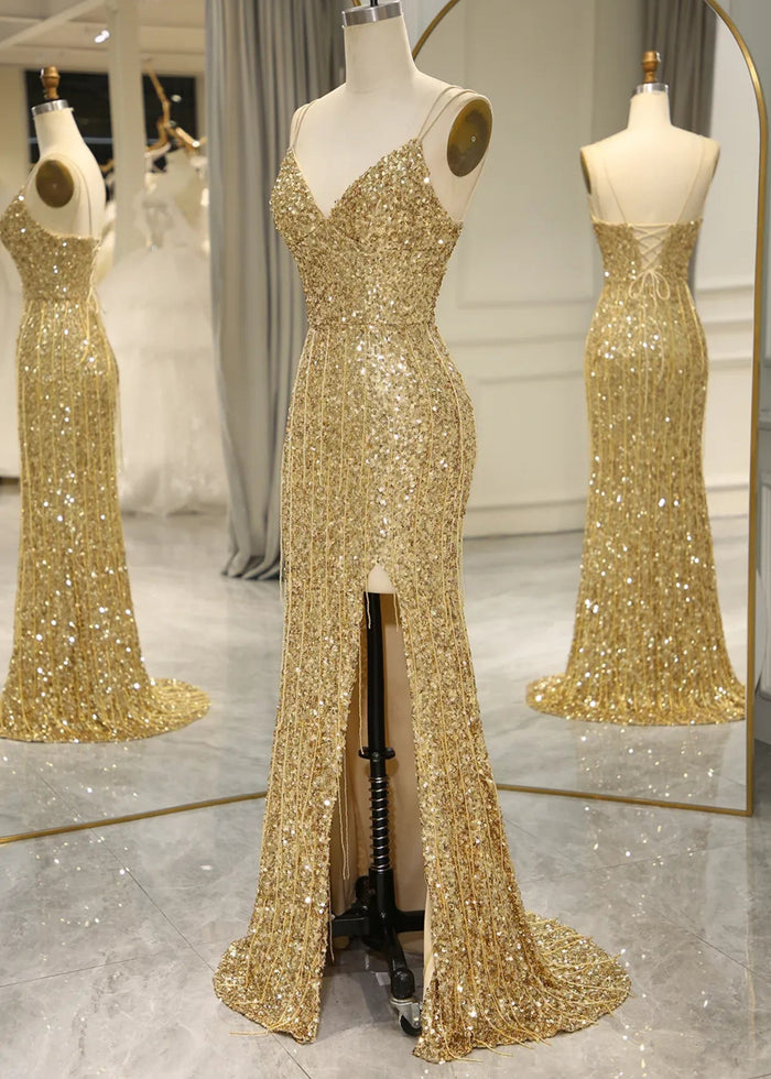 Madge | Mermaid Spaghetti Straps Bling Golden Sequins Long Prom Dress with Split Front - Gold - PromDressClub