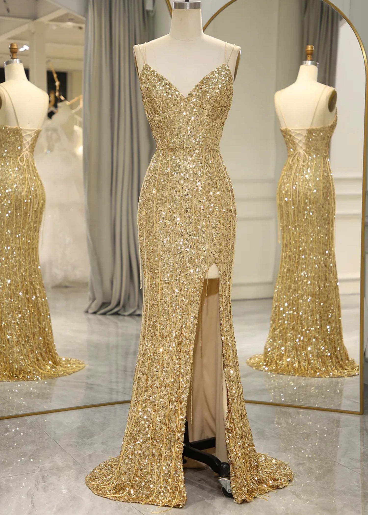 Madge | Mermaid Spaghetti Straps Bling Golden Sequins Long Prom Dress with Split Front - Gold - PromDressClub