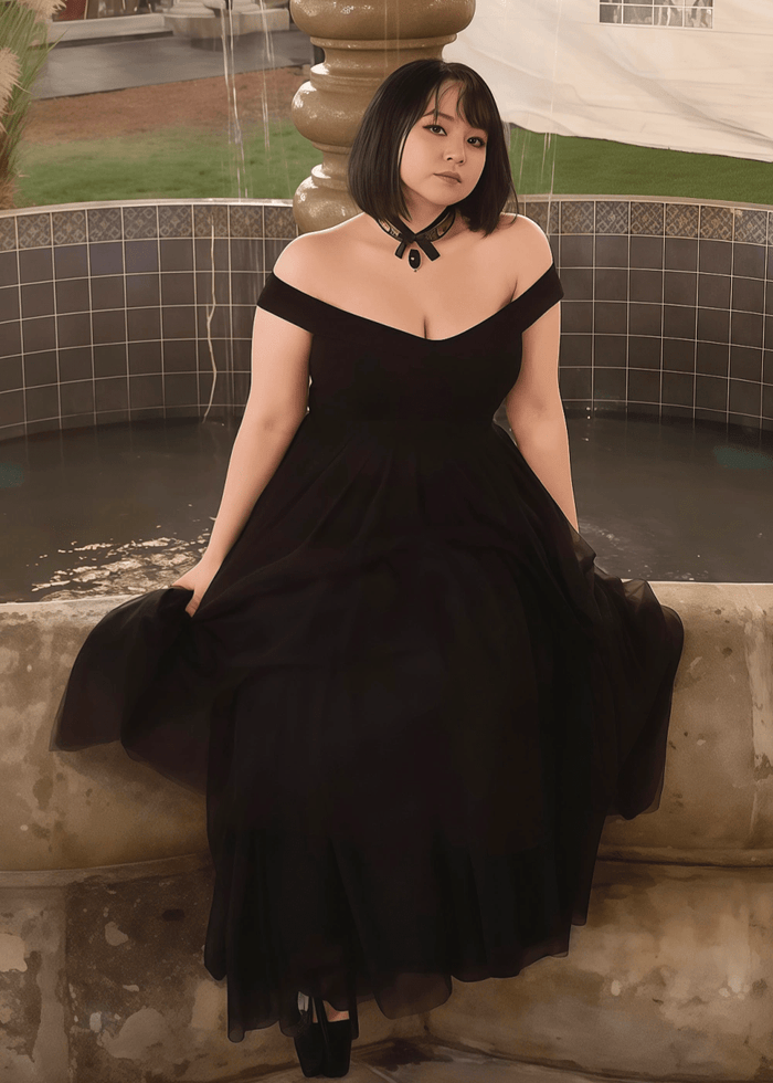 Madge | Plus Size Gothic Black Off the Shoulder Backless Wedding Dress - Black - PromDressClub