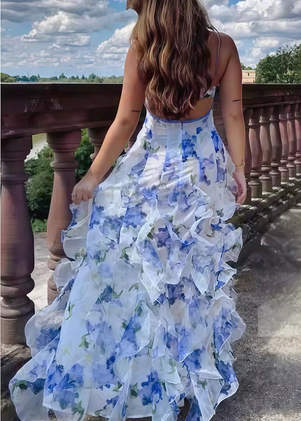 Maeve | Stunning Light Blue Floral Open Back Prom Dress with Ruffles - Light Blue Floral - PromDressClub
