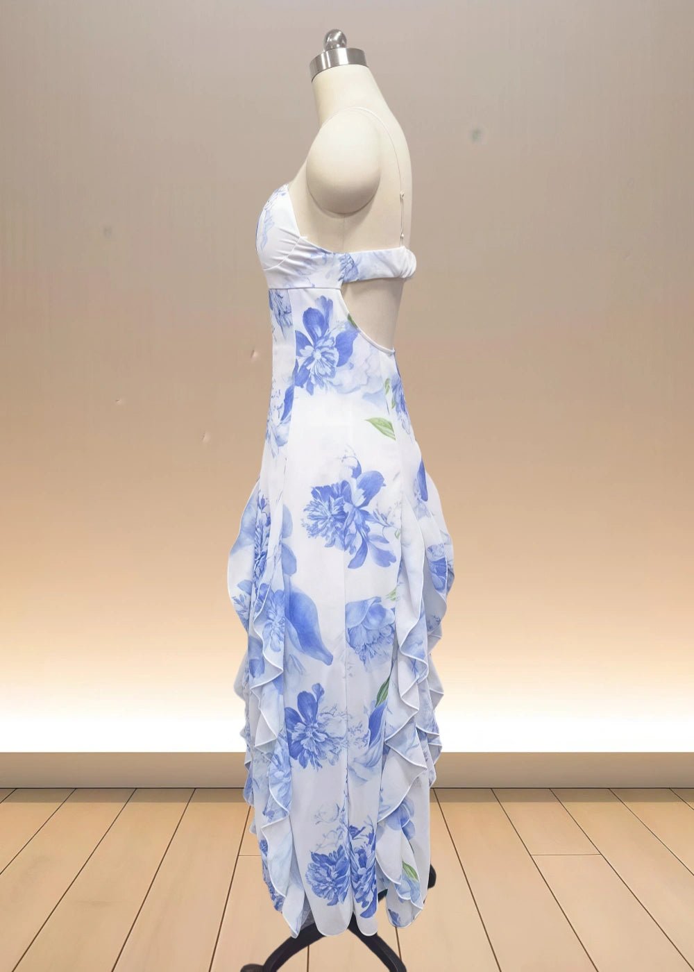 Maeve | Stunning Light Blue Floral Open Back Prom Dress with Ruffles - Light Blue Floral - PromDressClub