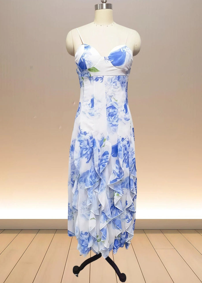 Maeve | Stunning Light Blue Floral Open Back Prom Dress with Ruffles - Light Blue Floral - PromDressClub