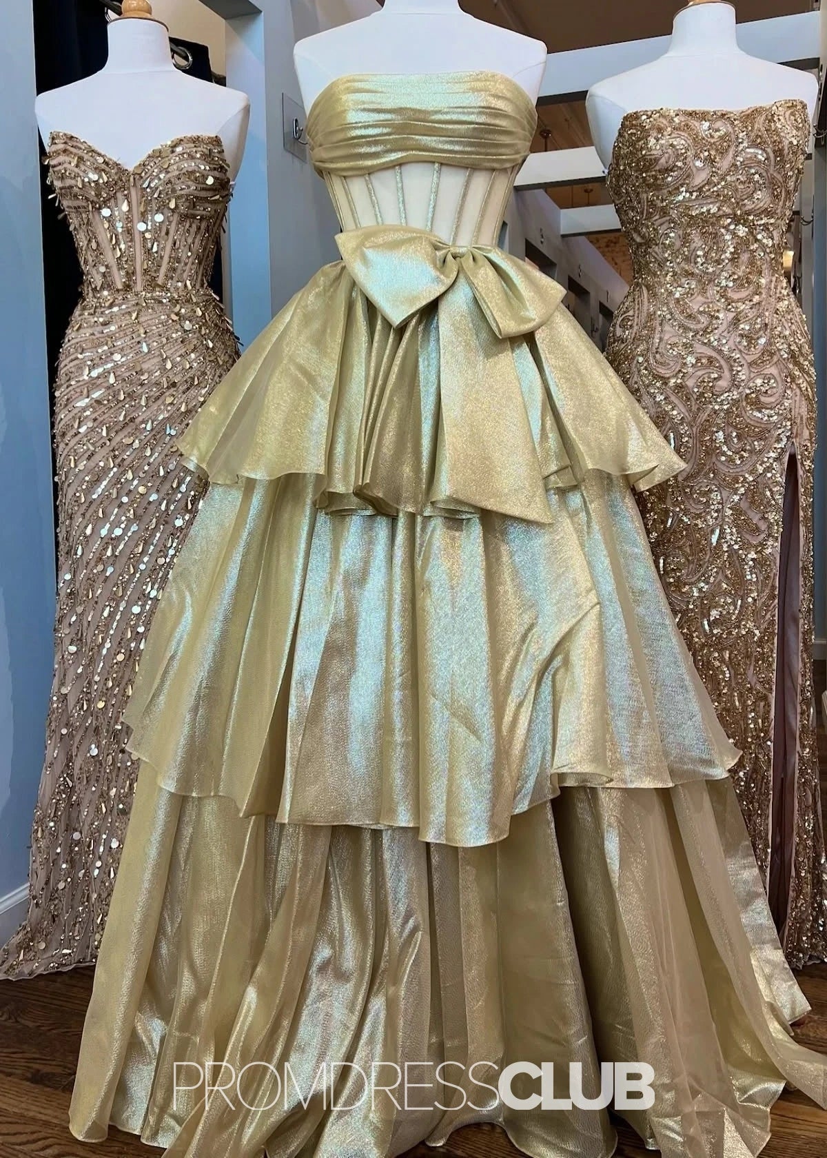 Maggie | A Line Strapless Black Long Prom Dress Near Me - Price #price_variant_lowest# - Gold - PromDressClub