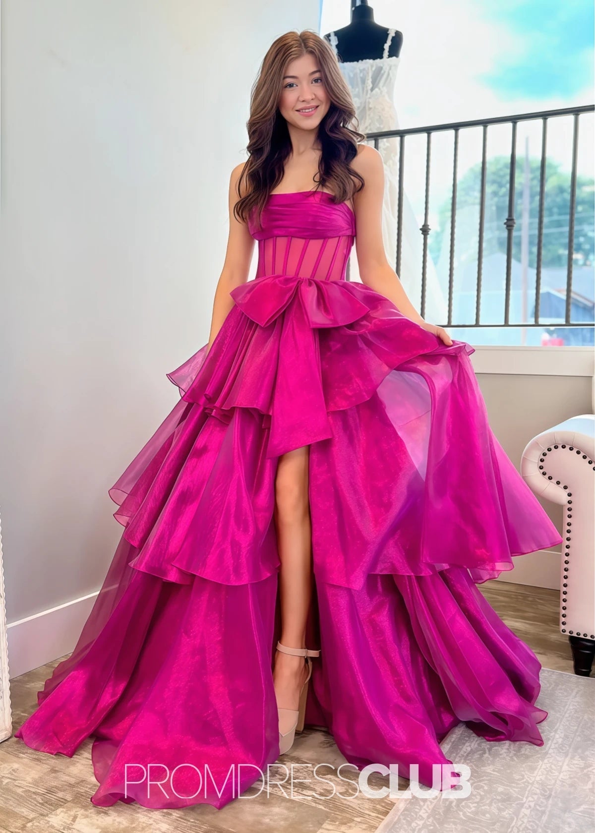 Maggie | A Line Strapless Black Long Prom Dress Near Me - Price #price_variant_lowest# - Hot Pink - PromDressClub