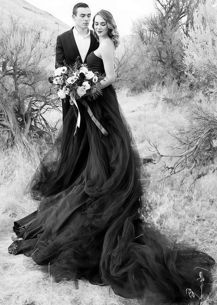 Mamie | Gothic Black Corset Strapless Backless Wedding Dress Train - Black - PromDressClub