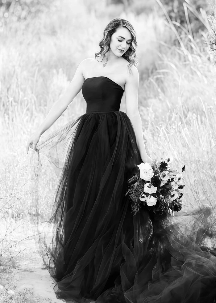 Mamie | Gothic Black Corset Strapless Backless Wedding Dress Train - Black - PromDressClub