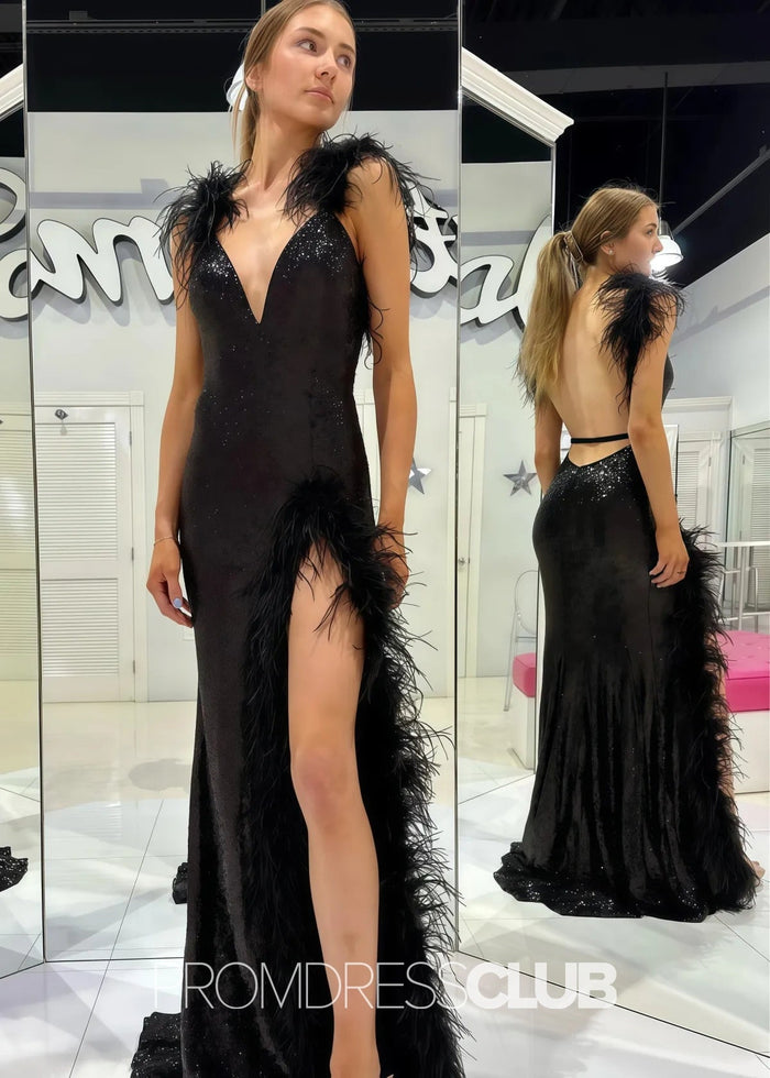 Mamie |Long Black Prom Dresses Near Me With Sequin V - Neck Mermaid Feathers - Price #price_variant_lowest# - Black - PromDressClub