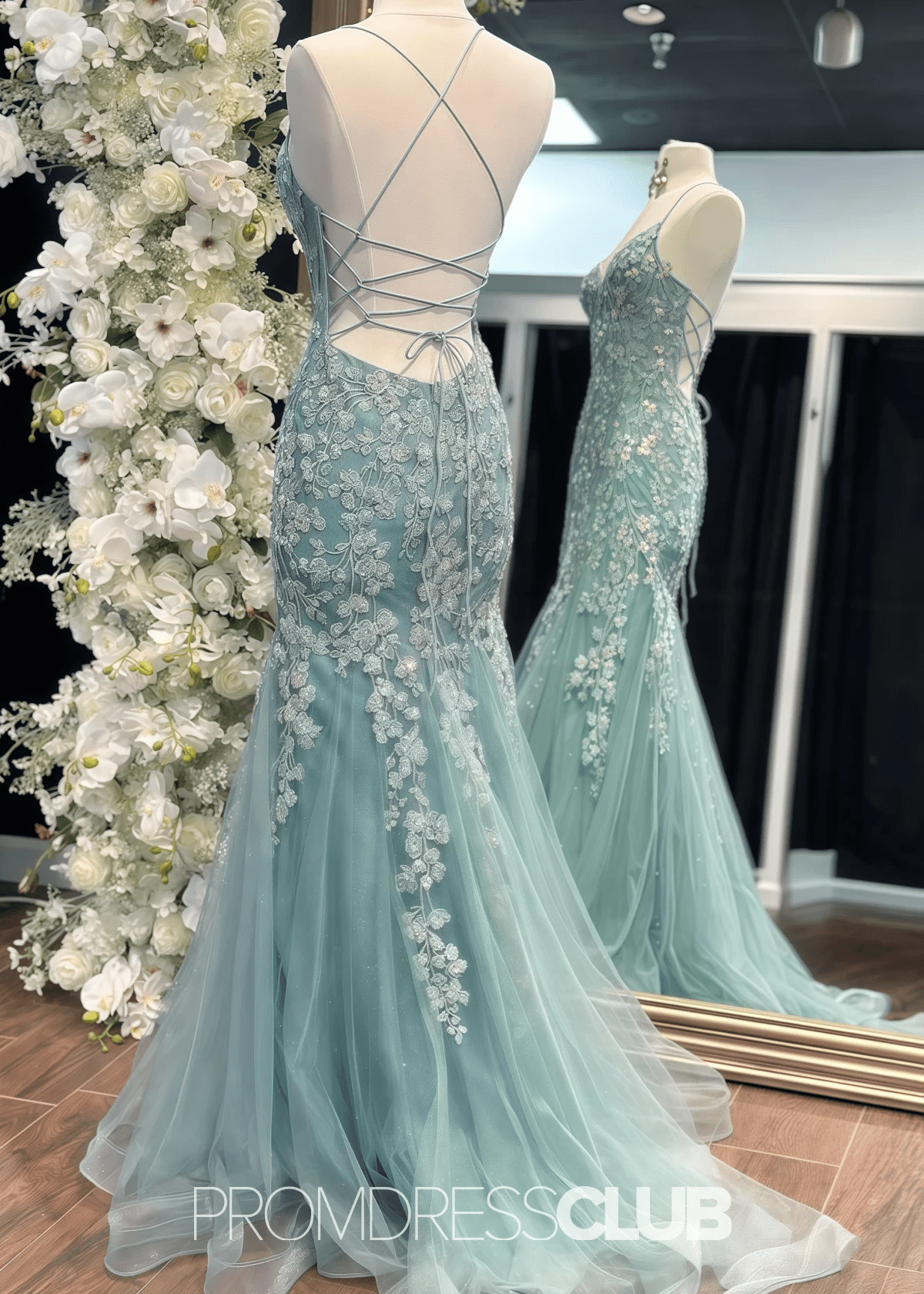 Mamie | Mermaid Appliques Lace Sage Green Maxi Formal Dress - Price #price_variant_lowest# - Sage Floral - PromDressClub