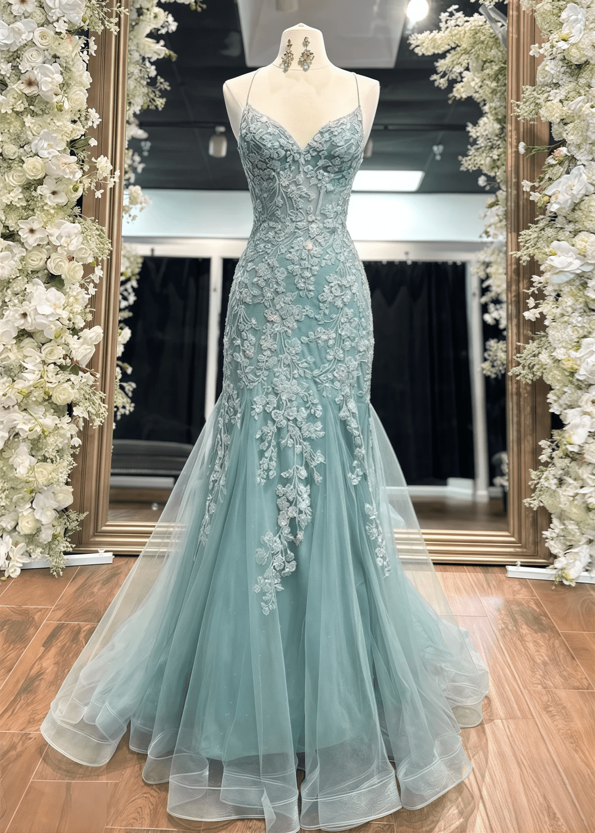 Mamie | Mermaid Appliques Lace Sage Green Maxi Formal Dress - Price #price_variant_lowest# - Sage Floral - PromDressClub