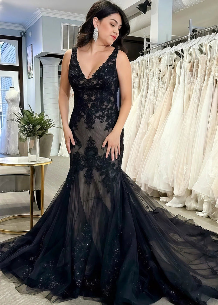 goth mermaid dress Black Mermaid Wedding Dresses Lace Appliques V-neck Sleeveless Corset Gothic NEW