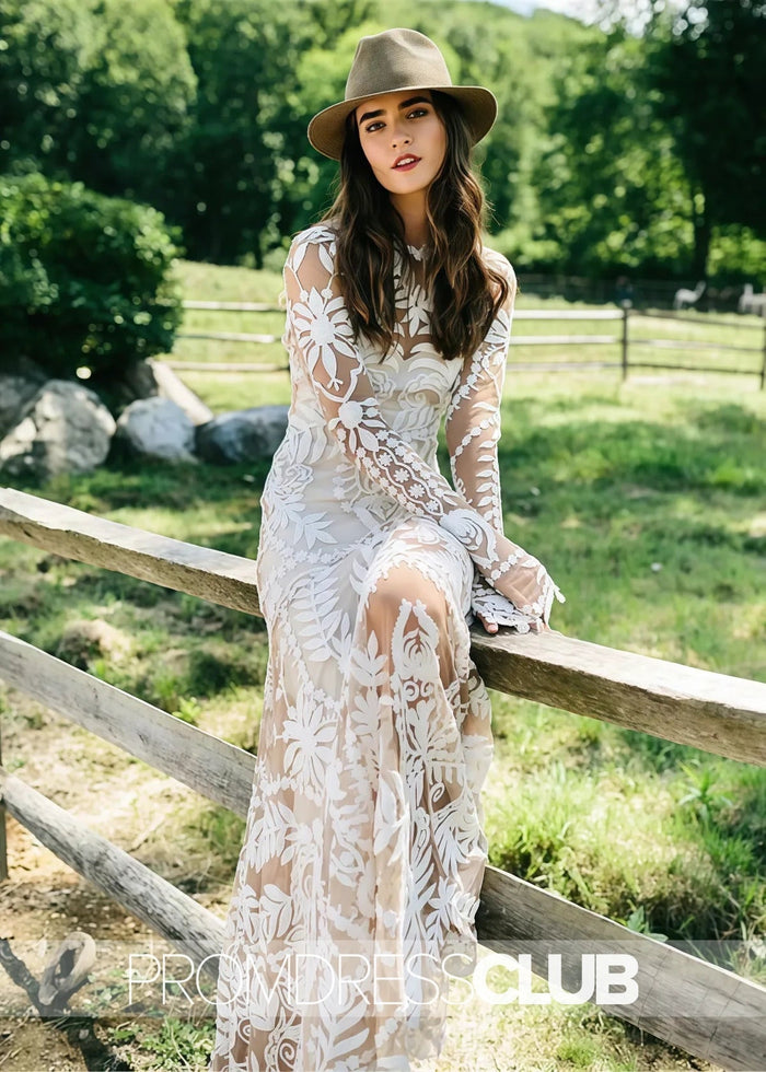 Marcia |Long Sleeve Wedding Dresses White Boho Mermaid Lace with Beach - White - PromDressClub