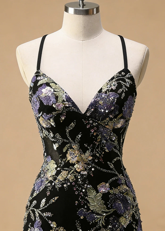 Maren Floral Black Sparkly Dress Prom | Mermaid Spaghetti Strap V - Neck Beaded Formal Dress with Sequins - Black - PromDressClub