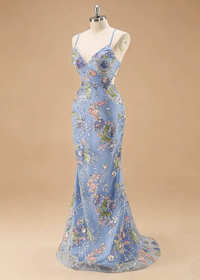 Maren Floral Blue Sparkly Dress Prom | Mermaid Spaghetti Strap V - Neck Beaded Formal Dress with Sequins - Blue - PromDressClub