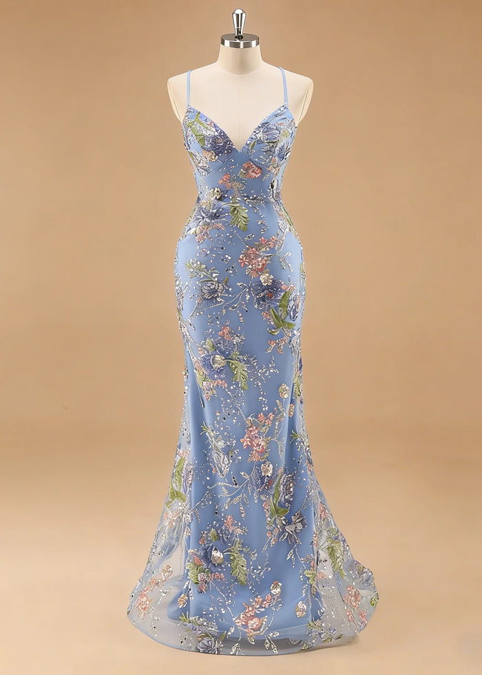 Maren Floral Blue Sparkly Dress Prom | Mermaid Spaghetti Strap V - Neck Beaded Formal Dress with Sequins - Blue - PromDressClub
