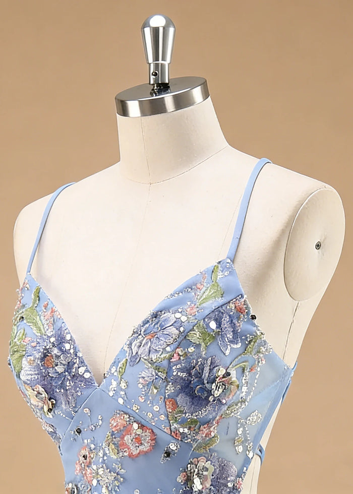 Maren Floral Blue Sparkly Dress Prom | Mermaid Spaghetti Strap V - Neck Beaded Formal Dress with Sequins - Blue - PromDressClub